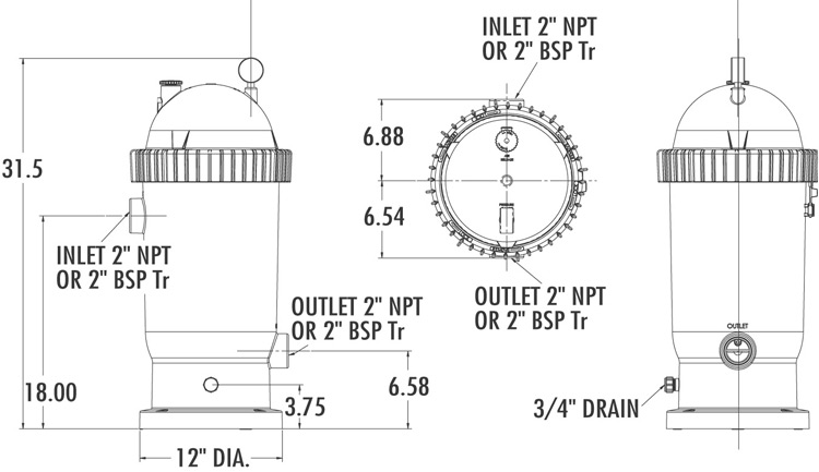 Dimensiones de los filtros de cartucho Sta Rite Posi Clear PXC75 y PXC95